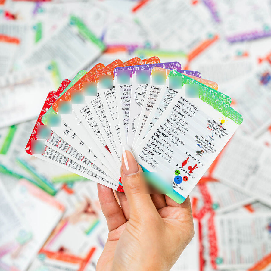 Hand holding fanned set of colorful vertical badge reference cards